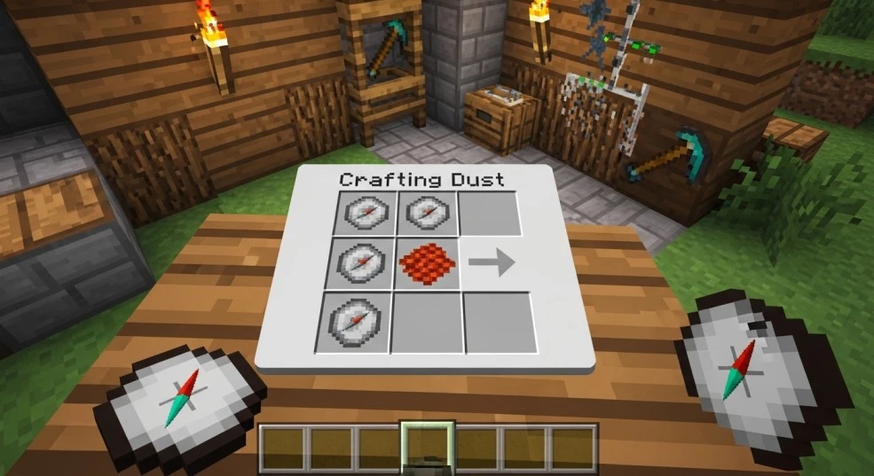 Minecraft compass crafting recipe with four iron ingots surrounding redstone dust in a crafting table
