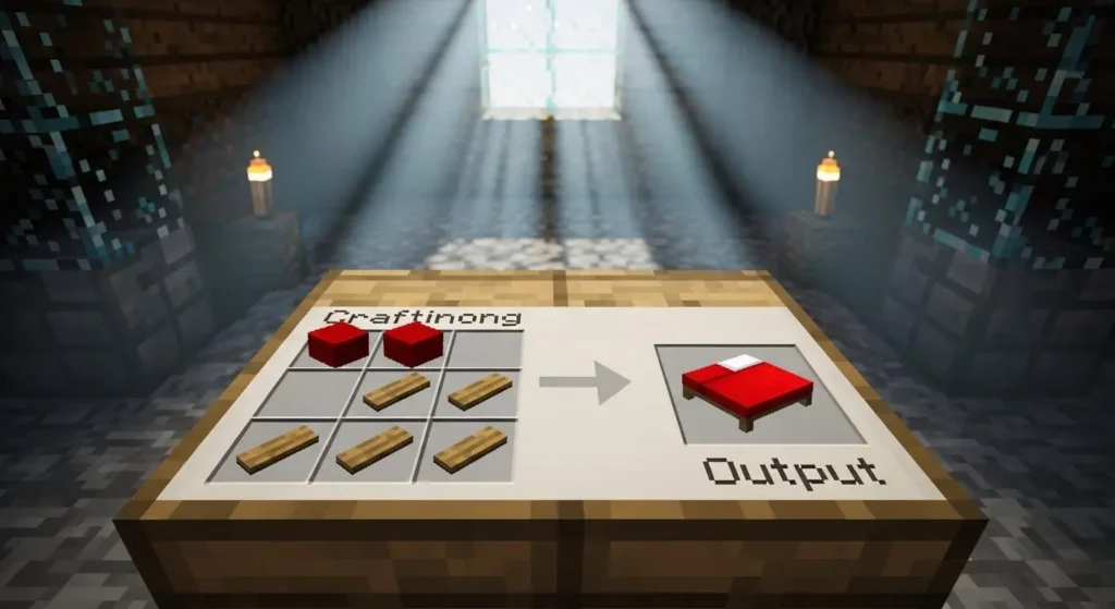 minecraft bed crafting recipe with 3 wool and 3 wooden planks