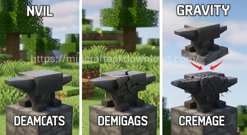 Minecraft anvil showing undamaged, slightly damaged, and very damaged states with a falling anvil demonstrating gravity behavior