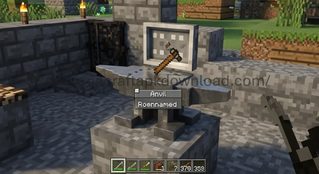Using an anvil in Minecraft to repair or rename items through the anvil interface
