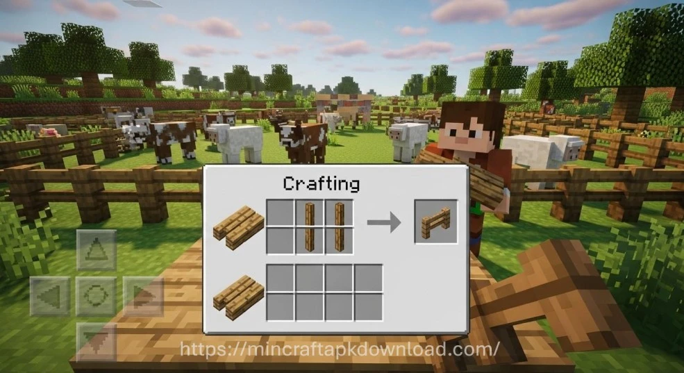 Minecraft fence crafting recipe showing sticks in the center and wooden planks on both sides in a crafting table