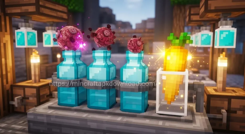 Minecraft brewing stand recipe showing awkward potion and golden carrot used to make a Night Vision Potion