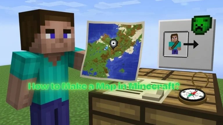 Minecraft player holding a map showing terrain, with crafting table, paper, and compass nearby