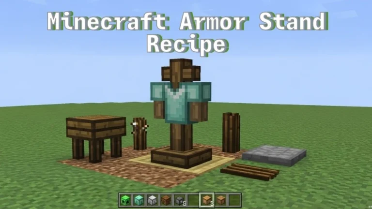 Minecraft armor stand wearing a full armor set, placed near a crafting table with sticks and a smooth stone slab