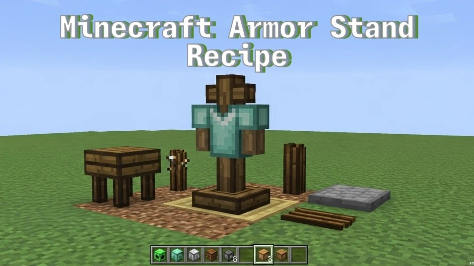 Minecraft armor stand wearing a full armor set, placed near a crafting table with sticks and a smooth stone slab