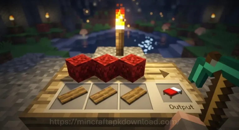 Crafting a bed in Minecraft using three wool blocks and three wooden planks in a crafting table