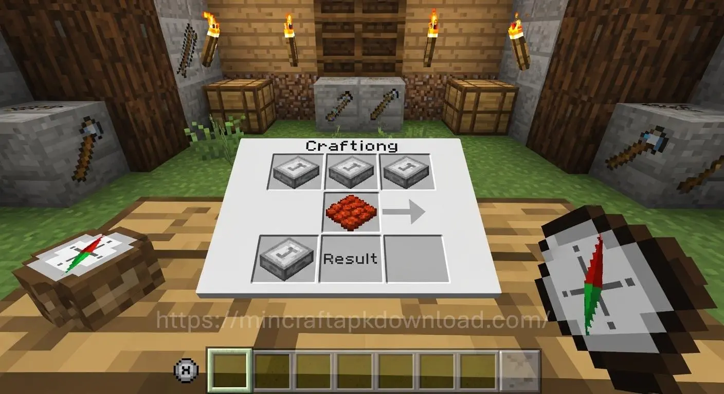 Crafting a compass in Minecraft using four iron ingots and redstone dust in a crafting table