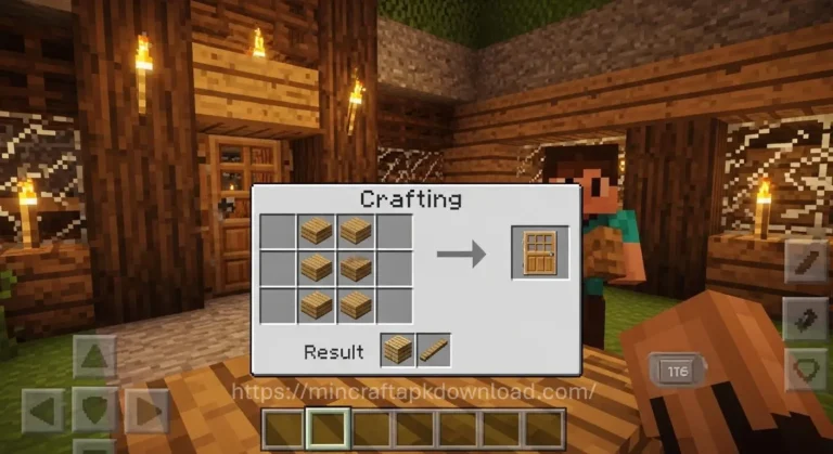 Minecraft wooden door crafting recipe using six wooden planks in a crafting table