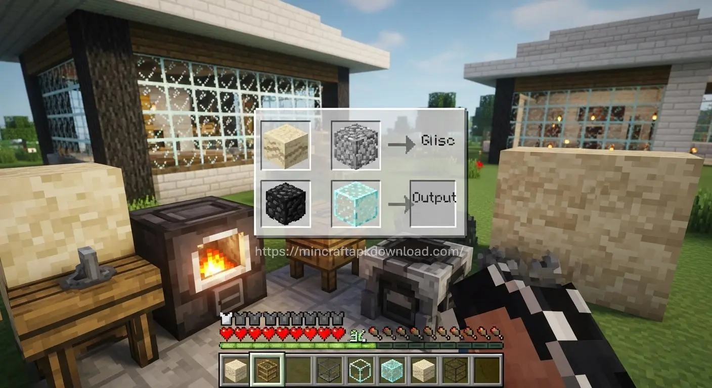 Minecraft furnace smelting sand to create glass blocks for building windows