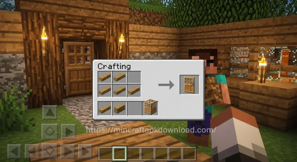 Minecraft door crafting recipe showing six wooden planks arranged vertically in a crafting table
